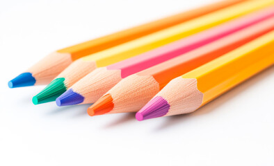 Fototapeta premium A row of colored pencils with a blue tip. The pencils are arranged in a row and are of different colors