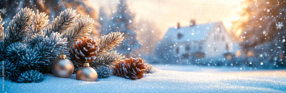 Aufkleber a christmas scene with a house in the background and pine trees covered in snow. the pine trees are 
