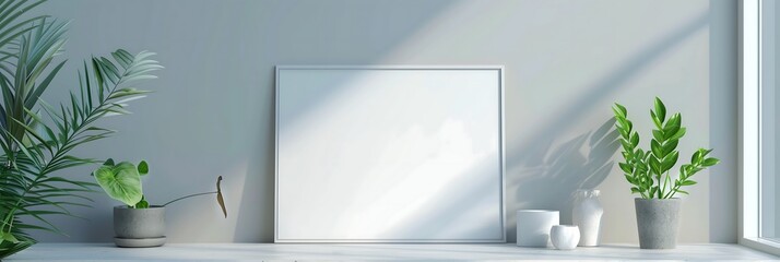 Blank Picture Frame Mockup with Plants and White Candles in Minimalist Interior