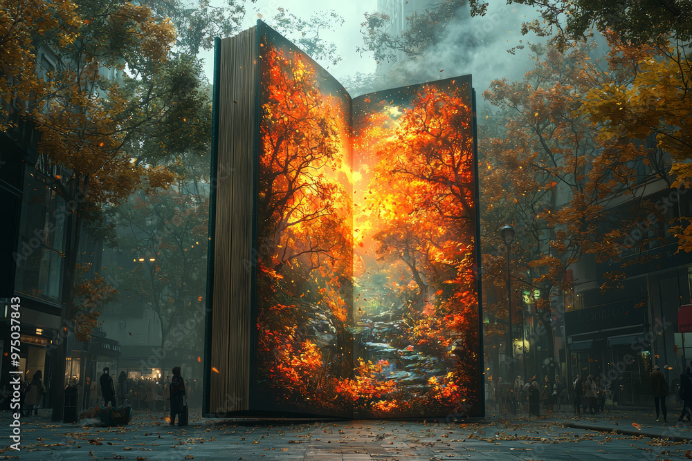 Wall mural a colossal, animated book opening in the middle of a bustling street, its pages turning and revealin