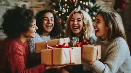 Friends exchanging funny gag gifts and laughing during a Christmas gift exchange
