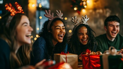 Friends gathered around a table, wearing reindeer headbands and laughing while wrapping gifts together