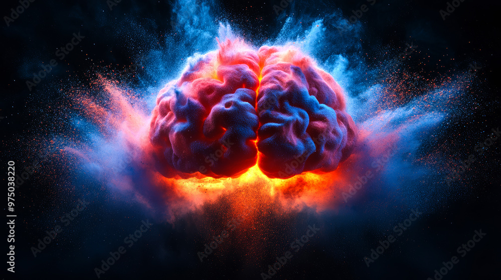 Poster a brain is exploding in a cloud of red, blue and purple. the explosion is so powerful that it create