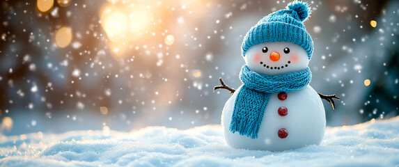 A snowman with a blue hat and scarf is standing in the snow. The image has a cheerful and festive mood, as it captures the essence of winter and the joy of the season