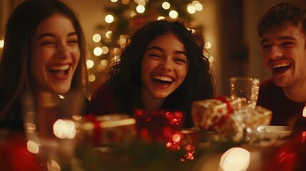 Friends laughing while pulling Christmas crackers at a dinner table, surrounded by festive decorations