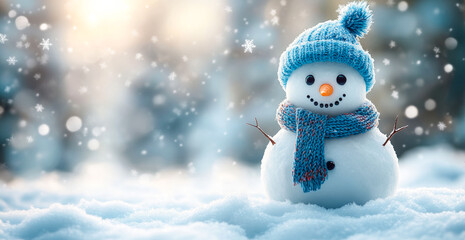 A blue snowman with a blue hat and a blue scarf is standing in the snow. The snowman is smiling and he is enjoying the winter weather