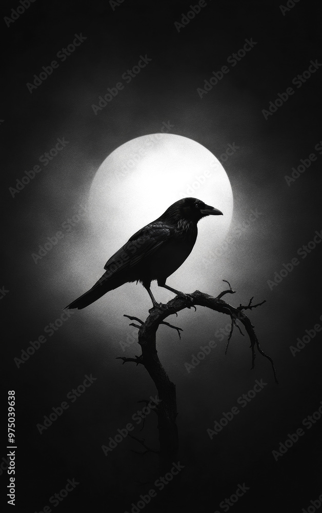 Poster a black crow is perched on a tree branch in front of a full moon. the image has a dark and mysteriou