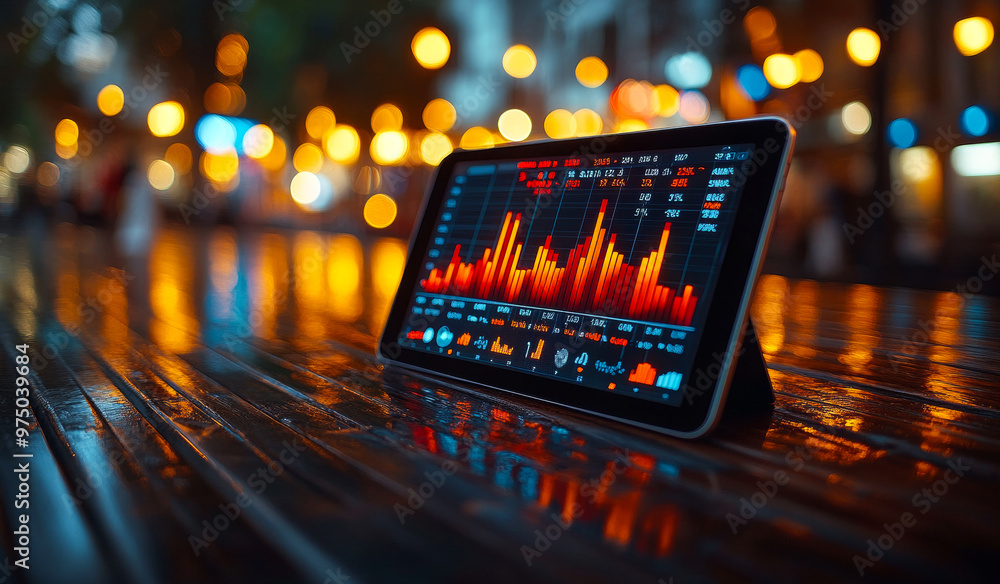 Poster a tablet with a screen showing a graph of stock prices. the image has a mood of uncertainty and vola