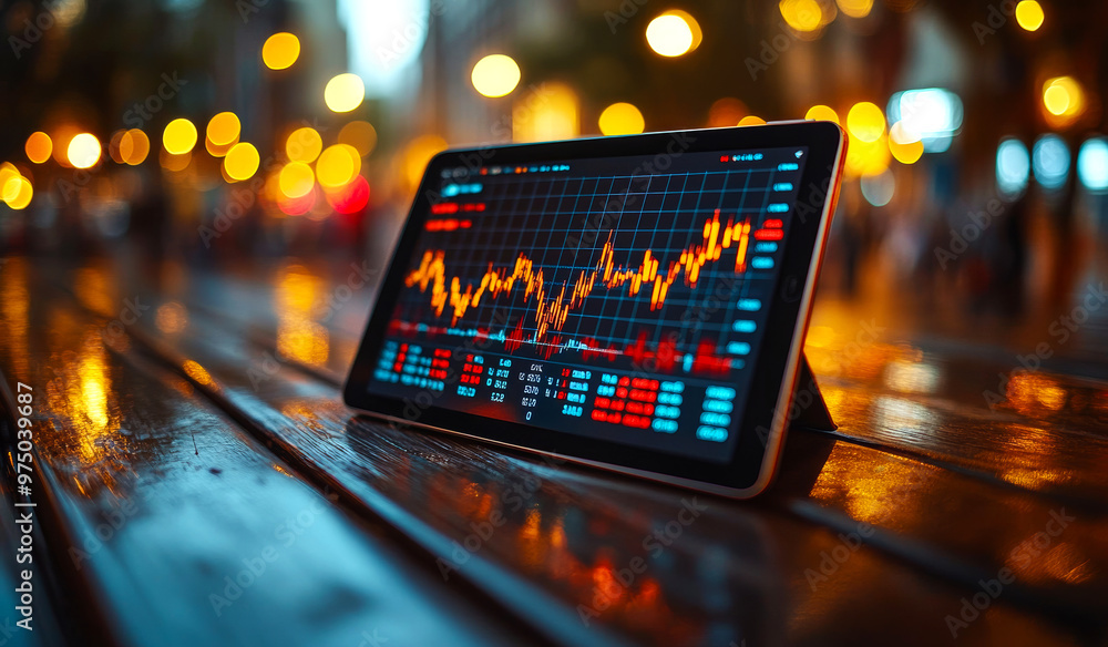 Poster a tablet with a screen displaying a graph of stock prices. concept of financial analysis and investm