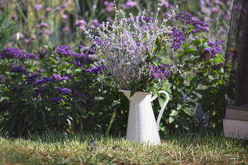 A bouquet of Russian sage and heliotropes in a white jug in a summer cottage garden.