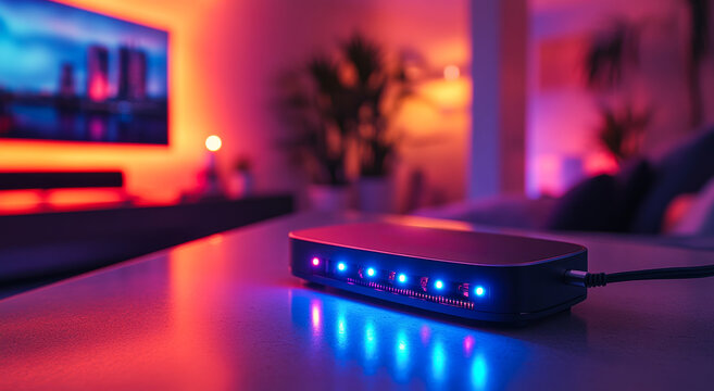 A small black box with a blue light on it sits on a table in front of a television