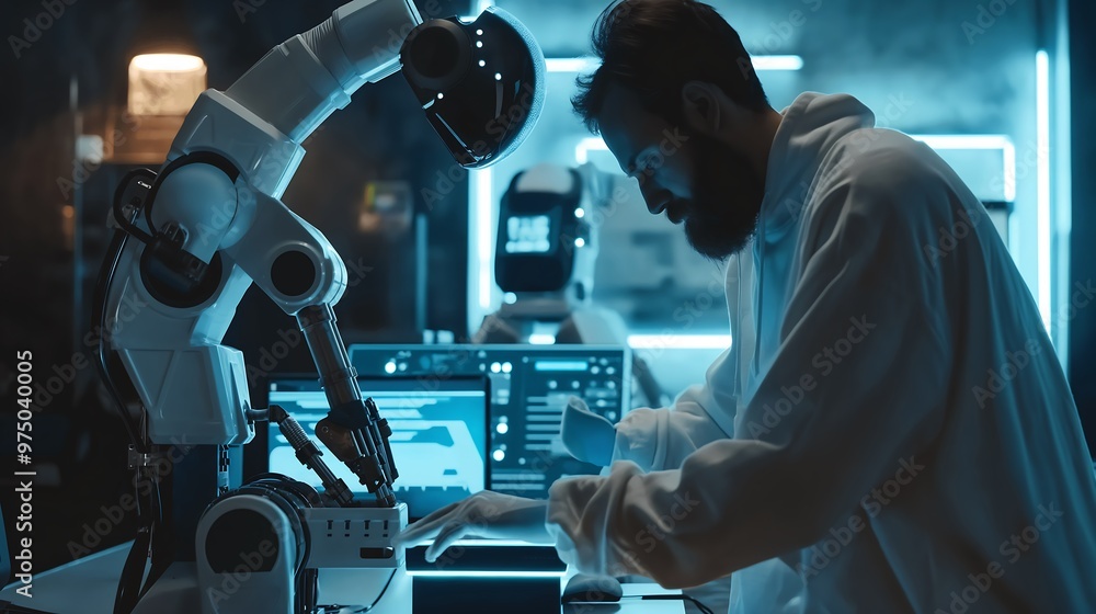 Poster male scientist working in futuristic lab with robotic assistants, artificial intelligence and techno