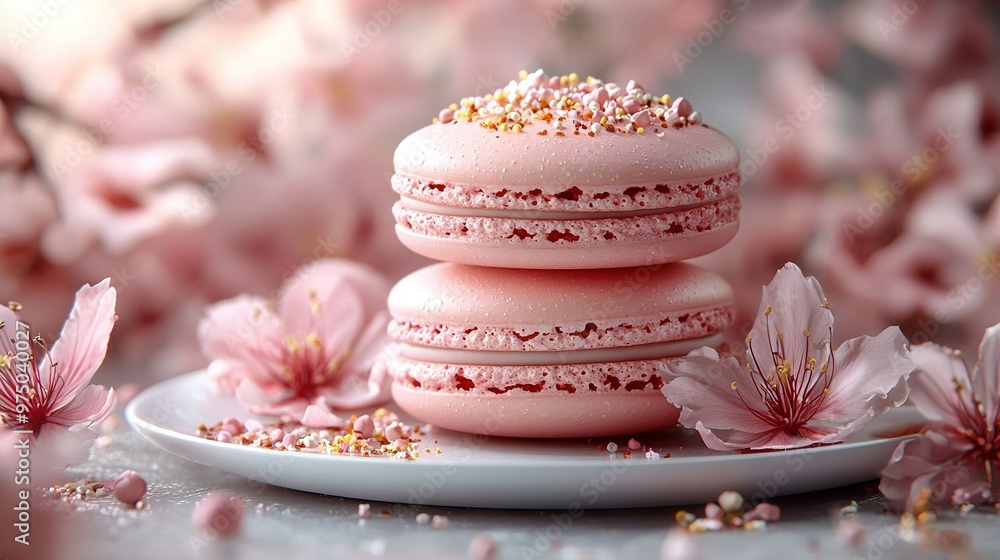 Poster   Pink Macaroons Stacked on White Plate with Pink Flowers as Background