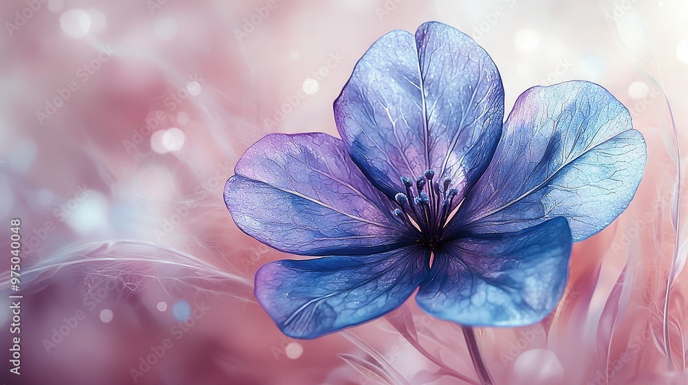 Poster   A close-up of a blue flower on a pink background with a blurry bokeh of light emanating from its center