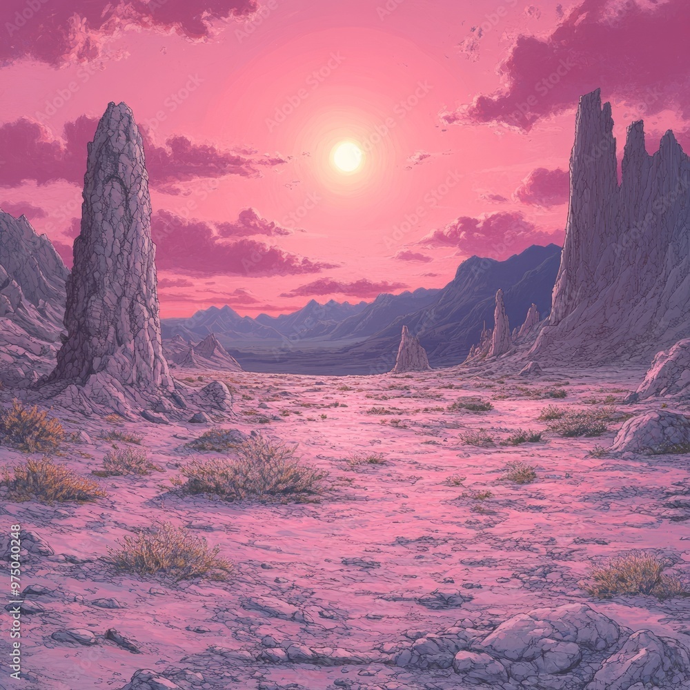 Sticker Serene landscape with pink hues and towering rock formations.