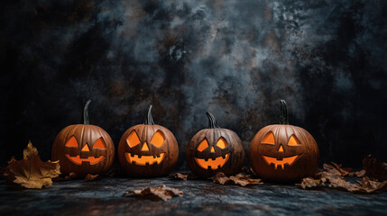 Obraz premium jack o lantern halloween holiday orange pumpkin on the ground in the dark background black distressed night decoration leaves backdrop