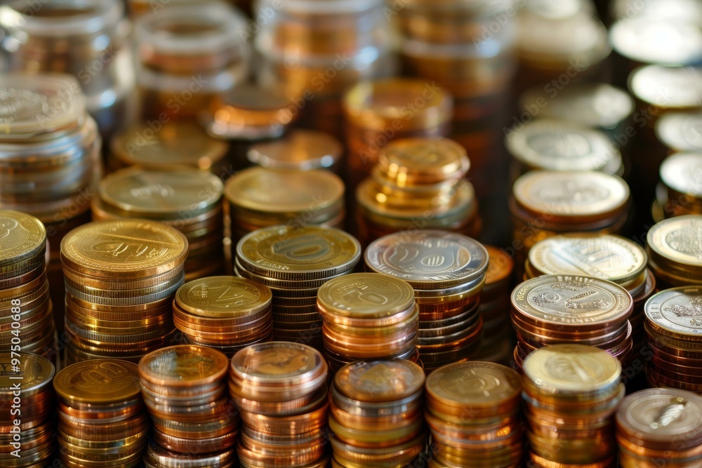 Poster close up of many stacks of coins of different shapes and sizes