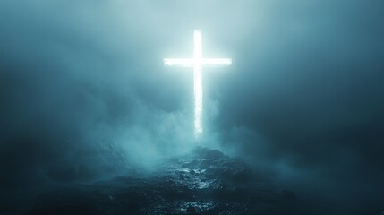 Fototapeta premium Glowing cross in misty landscape, spiritual symbolism. Mystical and atmospheric concept