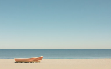 Fototapeta premium Beach Scene with a Weathered Wooden Sailboat | Serene Coastal View and Rustic Maritime Charm