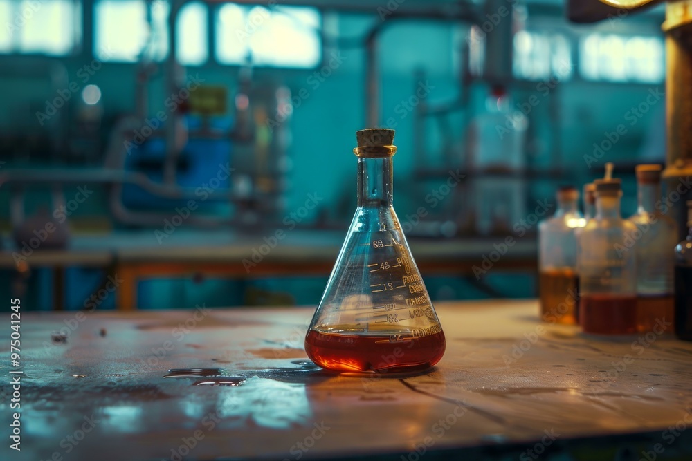Poster erlenmeyer flask containing an orange chemical liquid sits on a table in a laboratory setting