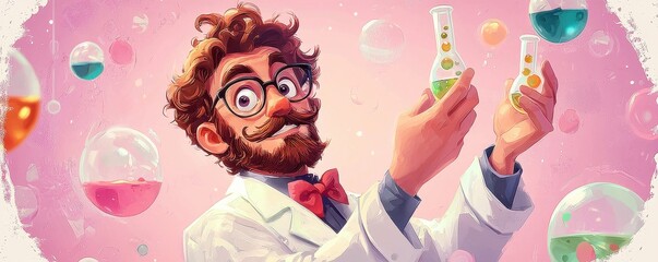 Mad scientist with wild hair and glasses excitedly holding colorful test tubes in a whimsical laboratory setting