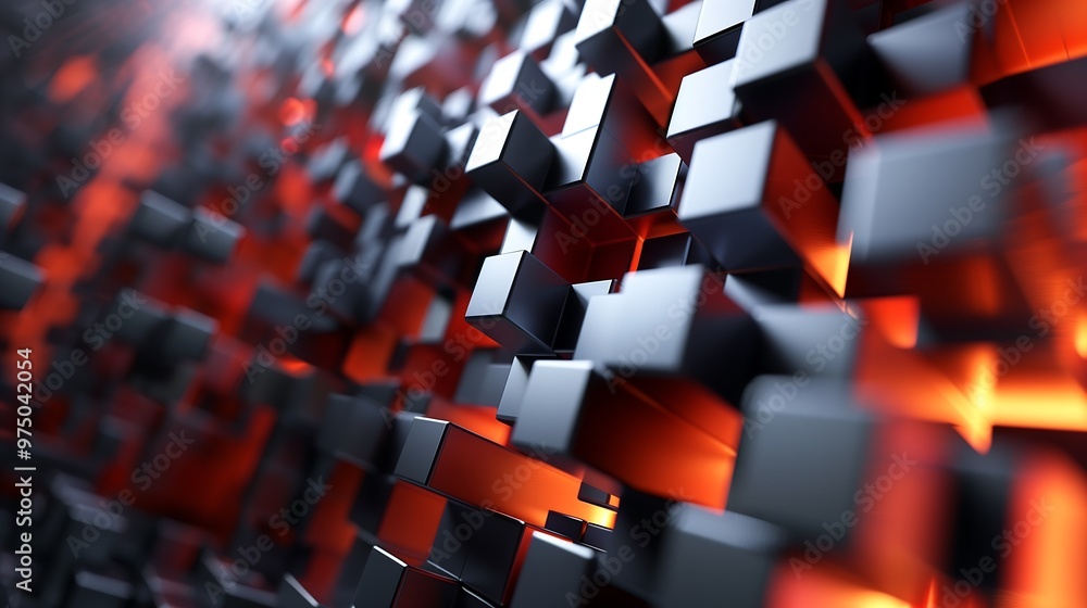 Poster abstract background with glowing red and black cubes. 3d render.