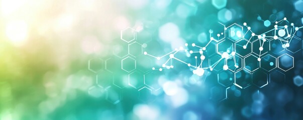 Abstract blue and green background with interconnected hexagons and bokeh lights, symbolizing modern technology and innovation