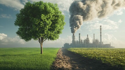 Green Tree vs. Factory Pollution. AI generated illustration