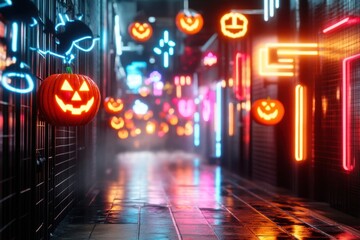 Fototapeta premium Glowing Cyberpunk Alley with Digital Jack-o'-Lanterns and Eerie Projections at Night