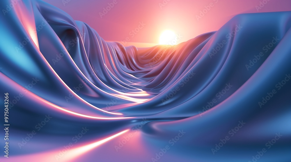 Poster abstract 3d rendering of blue fabric with sun rays shining through, digital art concept