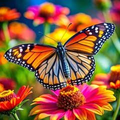 Fototapeta premium Butterfly Resting on a Flower A delicate butterfly perched on a vibrant flower, its colorful wings spread wide as it absorbs the sun’s warmth.