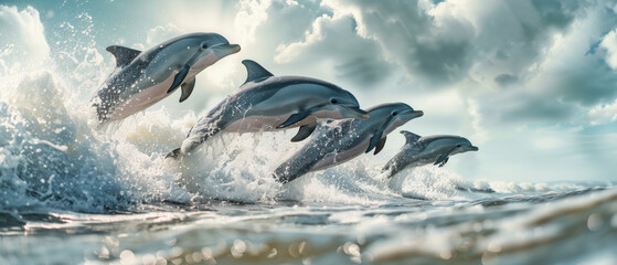 Obraz premium A playful group of dolphins jumping out of the ocean waves