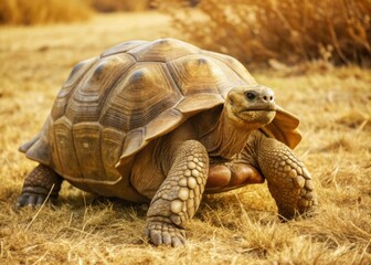 Obraz premium Galápagos Tortoise Walking Slowly A massive Galápagos tortoise walking slowly through the dry grasslands, its ancient shell weathered and rough.