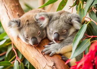 Obraz premium Koalas Sleeping in Eucalyptus Trees A pair of koalas nestled comfortably in the branches of a eucalyptus tree, their soft gray fur blending with the bark.