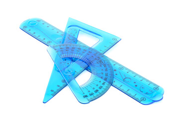 flexible, bendable, ruler and drawing protractor, blue triangle, transparent, on white background,...