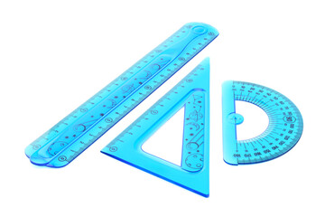 flexible, bendable, ruler and drawing protractor, blue triangle, transparent, on white background,...