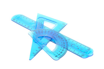 flexible, bendable, ruler and drawing protractor, blue triangle, transparent, on white background,...