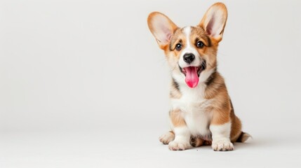 happy corgi puppy sitting upright on a white background 