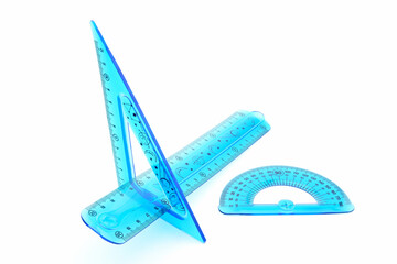 flexible, bendable, ruler and drawing protractor, blue triangle, transparent, on white background,...