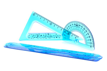 flexible, bendable, ruler and drawing protractor, blue triangle, transparent, on white background,...