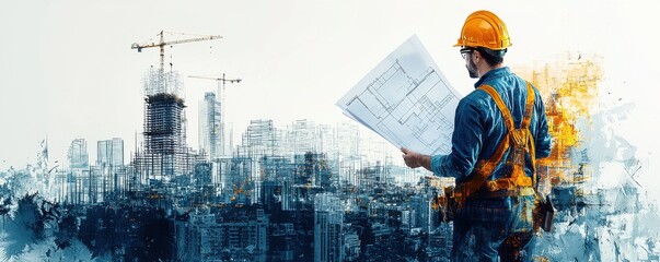 Construction engineer analyzing architectural blueprint amidst a digital cityscape, signifying modern urban development and planning