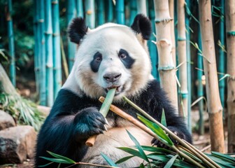 Panda Eating Bamboo in a Forest A giant panda munching on bamboo in a misty forest, surrounded by tall green bamboo stalks and lush undergrowth.