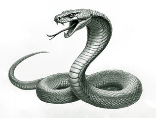 Fototapeta premium aggressive Cobra Snakes for tattoo outline, Logo, Pictogram, Website or Graphic Design Element. one alone Royal cobras in attack pose. illustration isolated on white background.