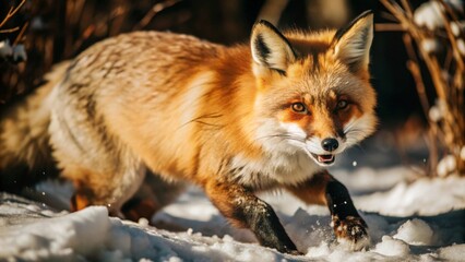 Fototapeta premium Red Fox Hunting in the Snow A red fox pouncing through the snow in search of small prey, with its sharp ears and quick reflexes on full display.