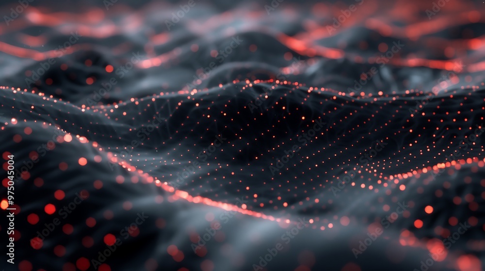 Poster abstract 3d render of red glittering particles on black wavy surface