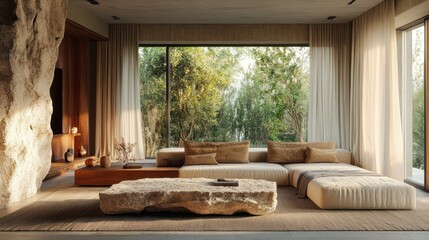 Cozy Modern Living Room with Earthy Tones: Minimalist Interior Design Featuring Nature-Inspired Elements