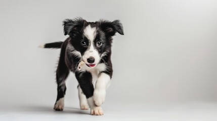 border collie puppy playfully holding a small toy in its mouth