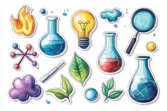 Colorful science and laboratory stickers designed for kids featuring fun illustrations of beakers, light bulb, and magnifying glass in watercolor style.
