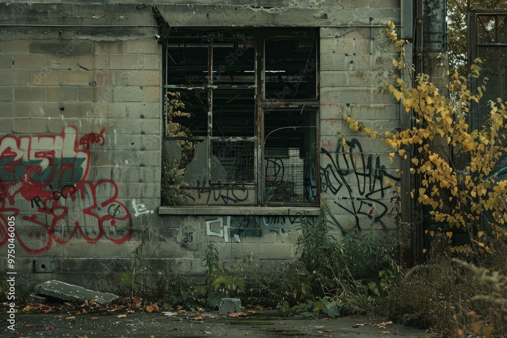 Aufkleber broken window in an abandoned building is covered with graffiti and surrounded by overgrown weeds