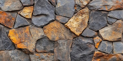 A close-up view of a textured stone wall featuring various shapes and colors, perfect for architectural and nature-themed projects.